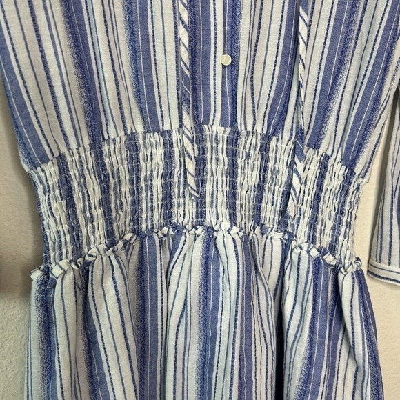 Fate Blue and White Striped Linen Blend Smocked Button Top Long Sleeve Dress S - Picture 4 of 14